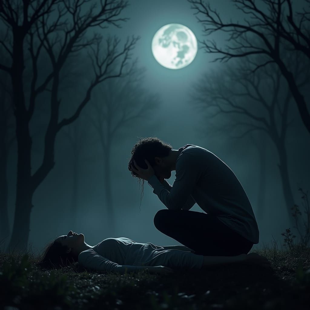 Grief in a Misty Forest: A Haunting Scene