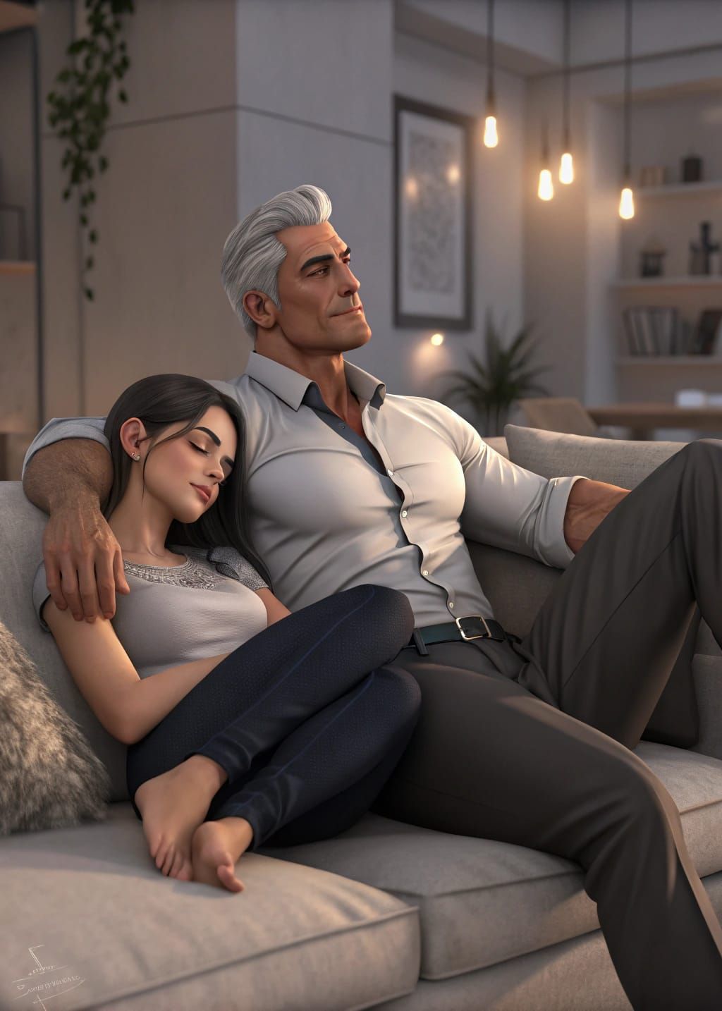 Muscular Silver-Haired Man Lounging With Woman on Sofa