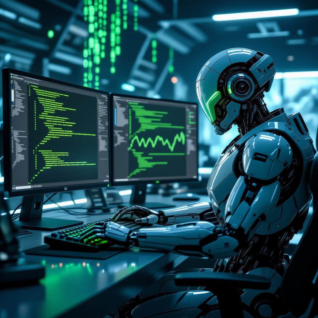 Futuristic Robot Coder in Sci-Fi Cinematic Scene
