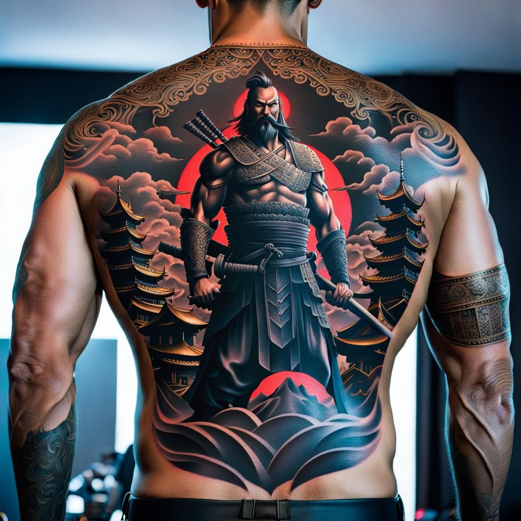 Epic Samurai Full Back Tattoo: Artstation Quality