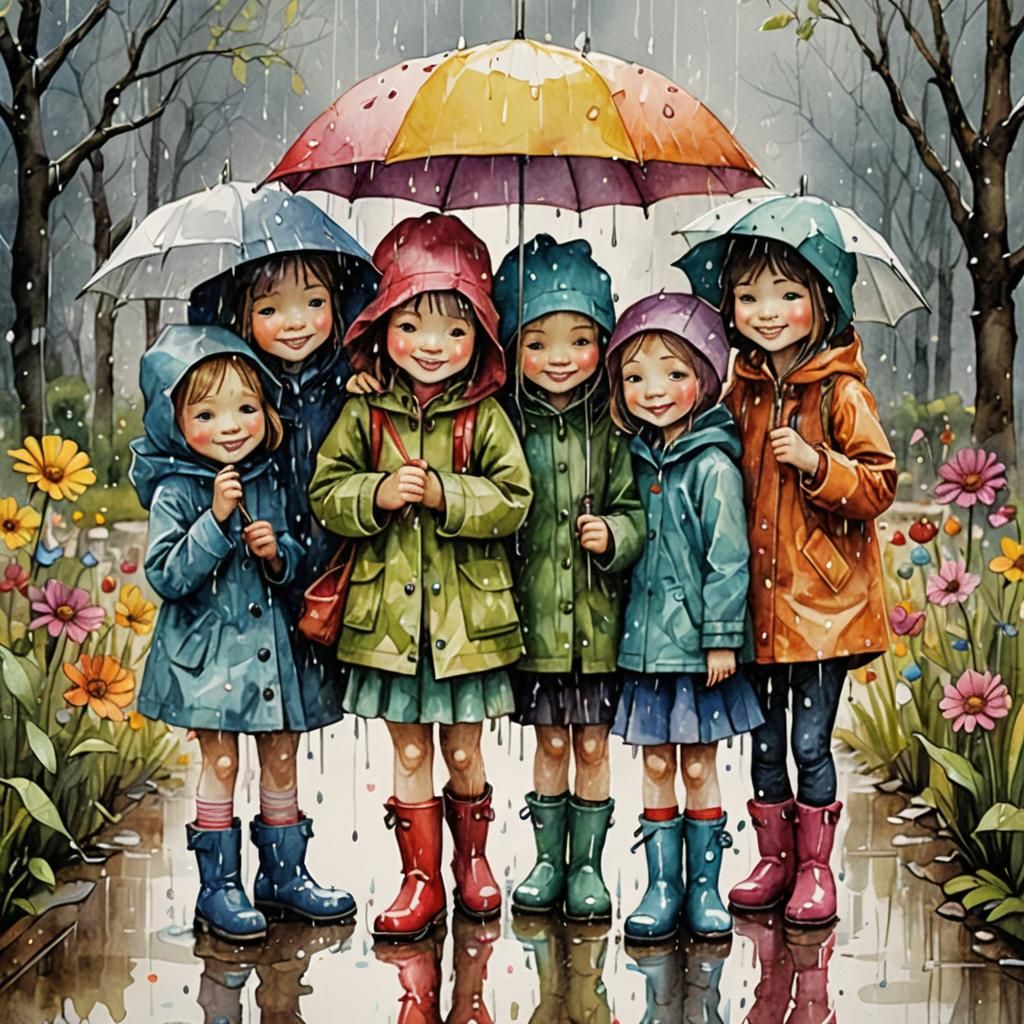 Children in Rain: Whimsical Watercolor Illustration