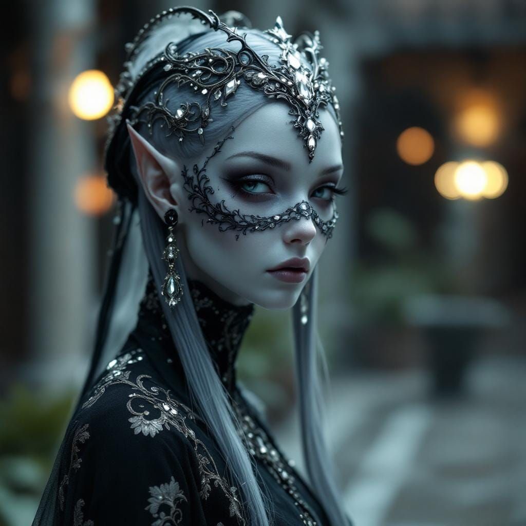 Ethereal Drow Elf in Obsidian Attire