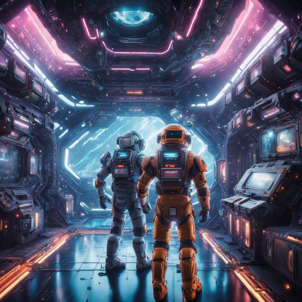 Astronaut and Robot Unite in Futuristic Space Station