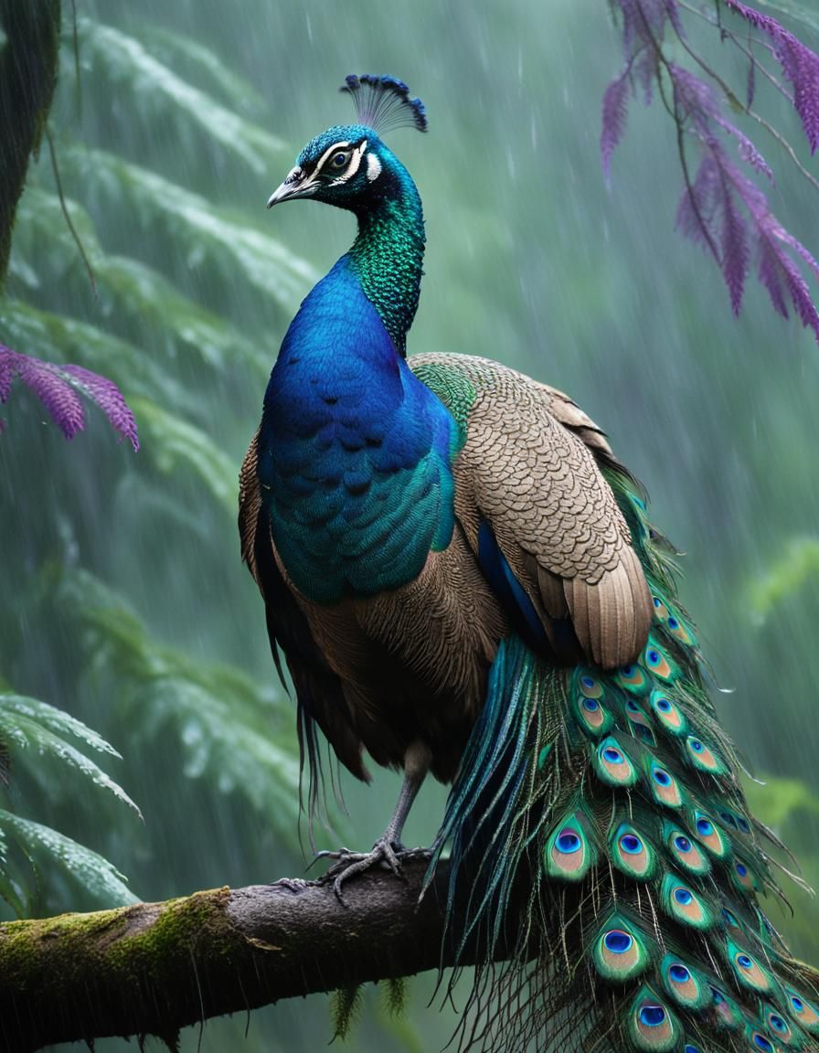 Peacock in Rain: Iridescent Plumage and Misty Forest
