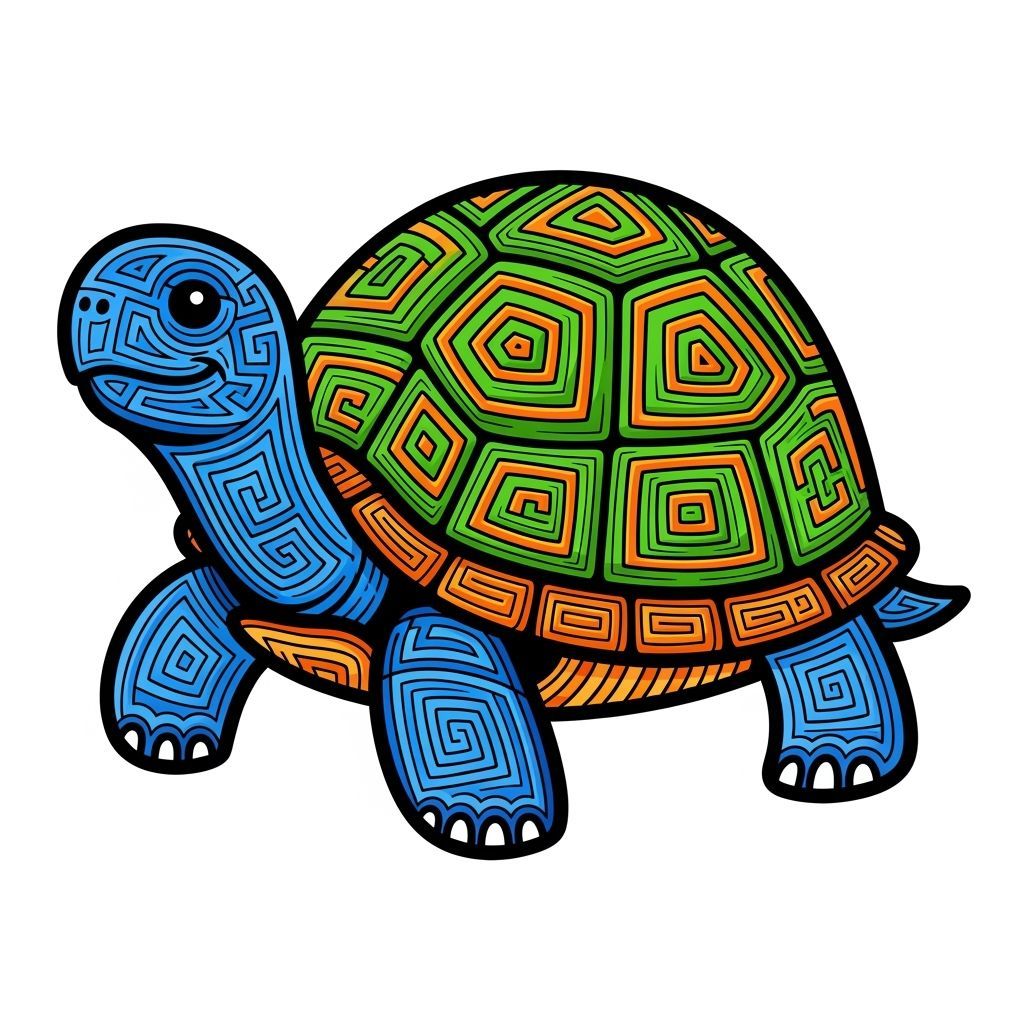 Stylized Turtle Illustration with Geometric Maze Patterns