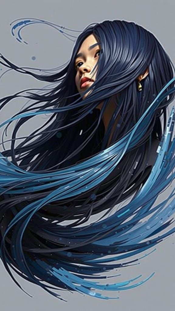 Impasto Cascade Hallucination, ebony hair, blue skinned, Korean girl, floating