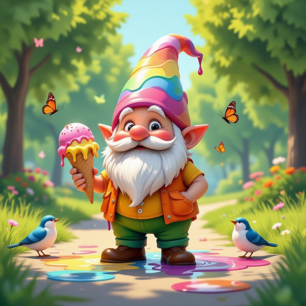 Cheerful Gnome with Dripping Ice Cream Hat