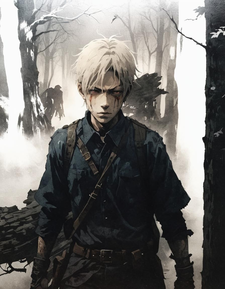 Anime Horror Warrior in Dark Forest