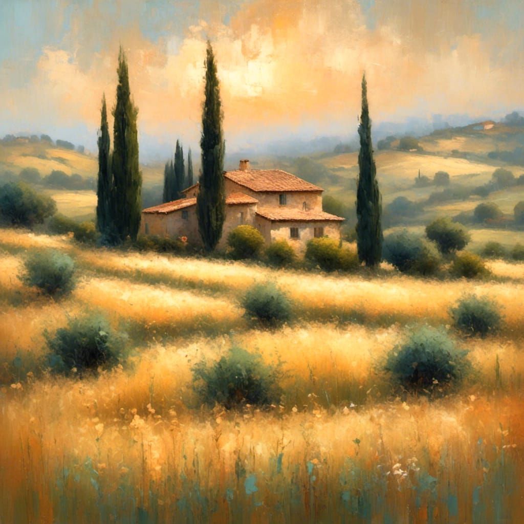 Tuscan Farmhouse in Impressionist Landscape Painting
