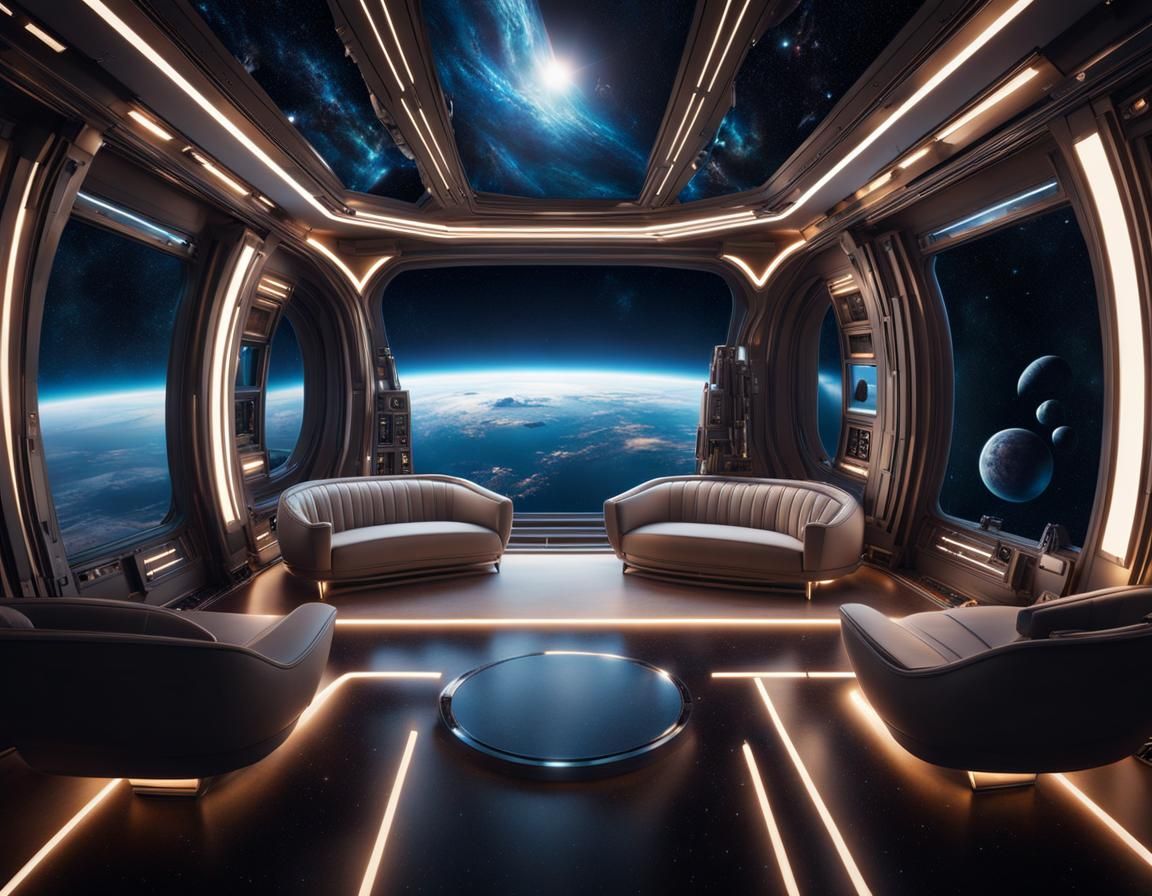 Luxurious Spaceship Interior with Galaxy View