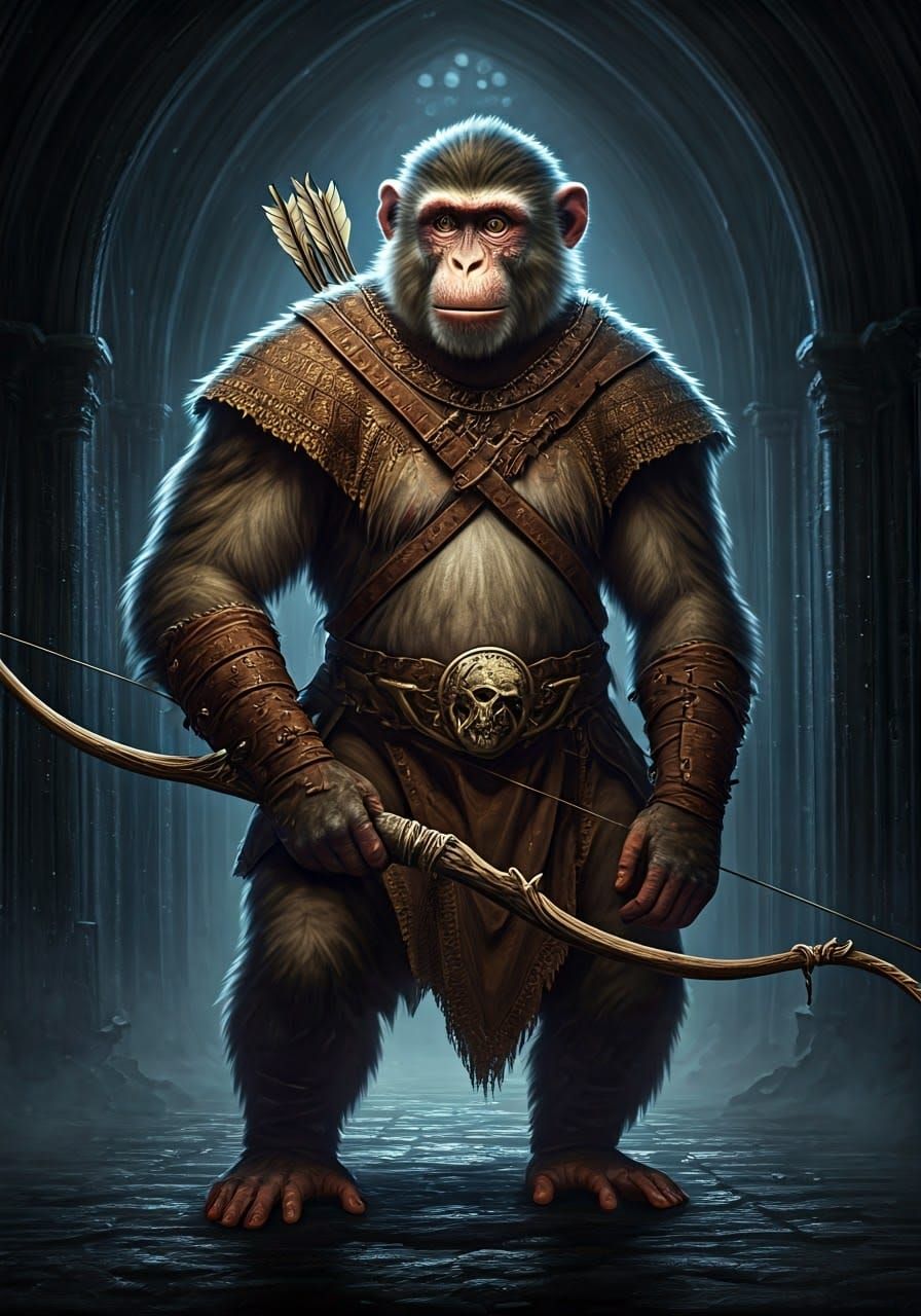 Heroic Macaque Archer in Dark Fantasy Dungeon