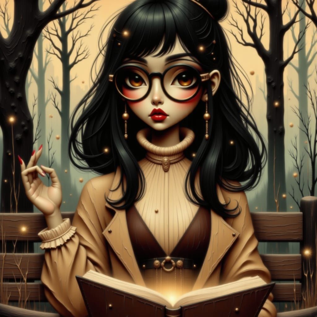 Girl in Nerd Couture Reading Book in Enchanted Academia Park