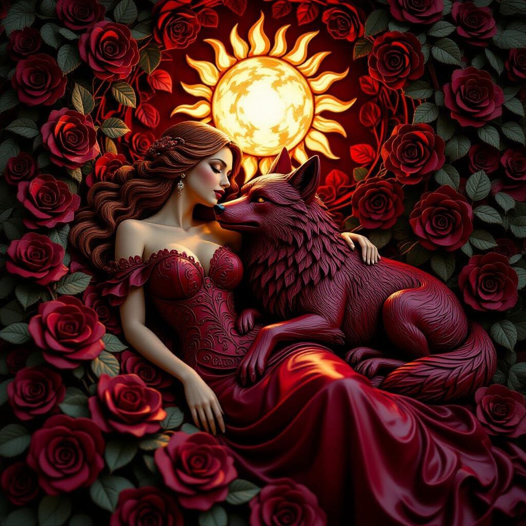 Wooden Woman and Wolf in Rose Garden