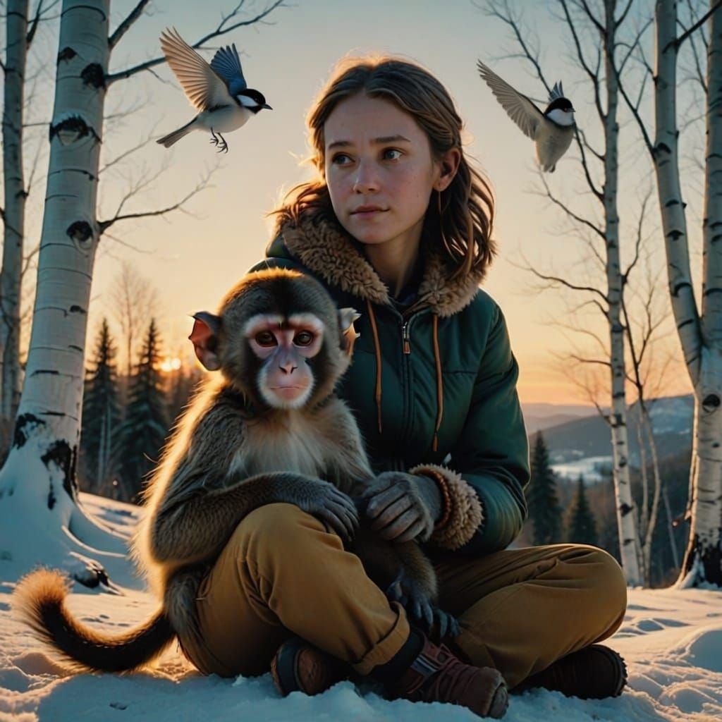 Girl and Monkey Admire Sunrise in Cinematic Film Still