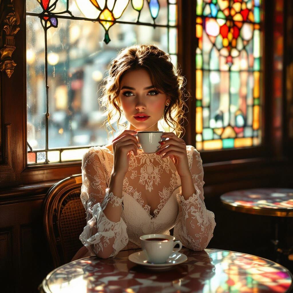 Cafe Portrait with Sunlight and Stained Glass