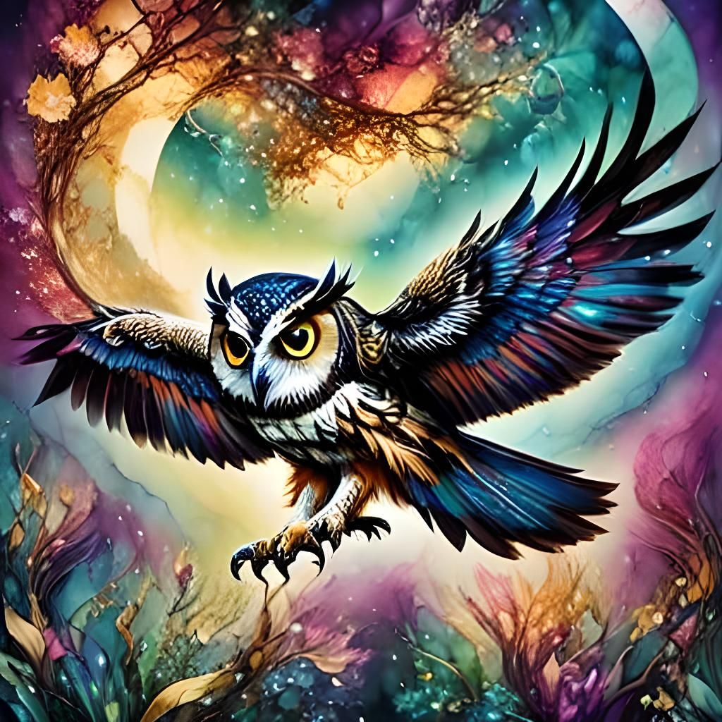 Fantasy Owl Flying: Alcohol Ink Masterpiece