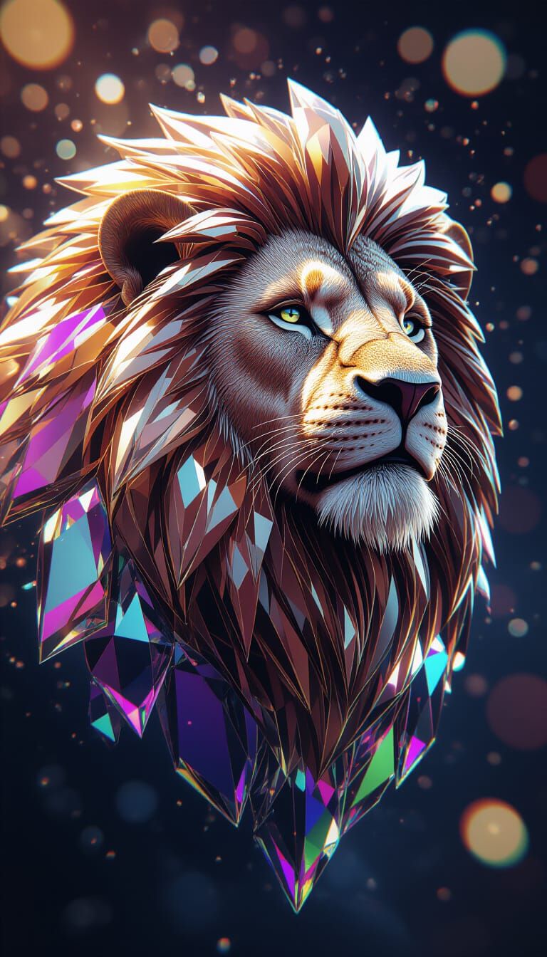 Crystal Lion with Rainbow Reflections in HyperWild Style