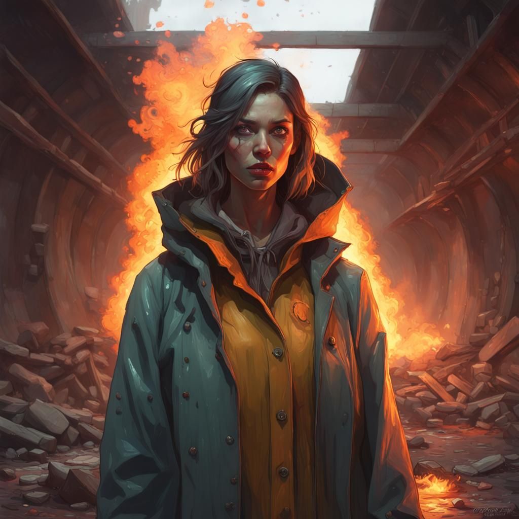 Woman in Raincoat Hiding from Zombies