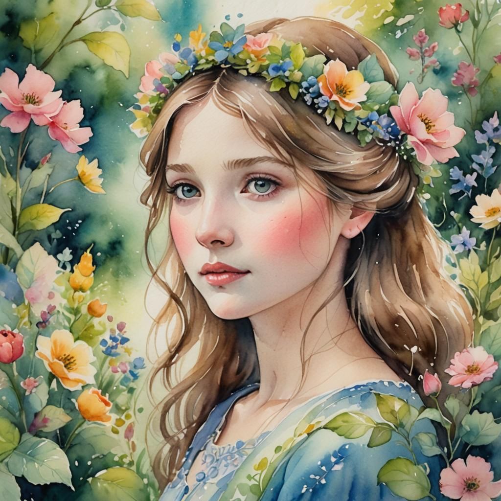 Enchanting Princess Portrait in Watercolor Garden