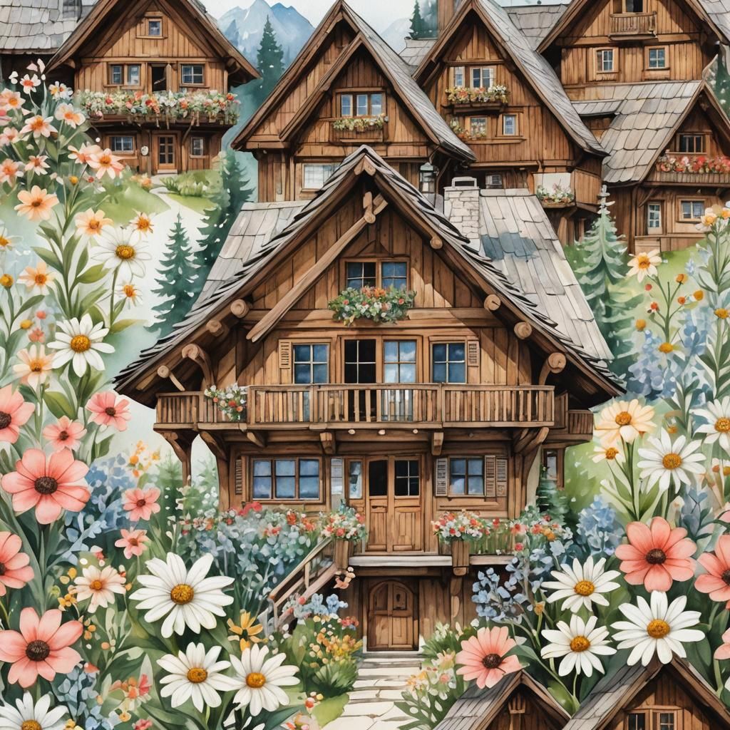 Swiss Chalet Logo with Flowers and Edelweiss