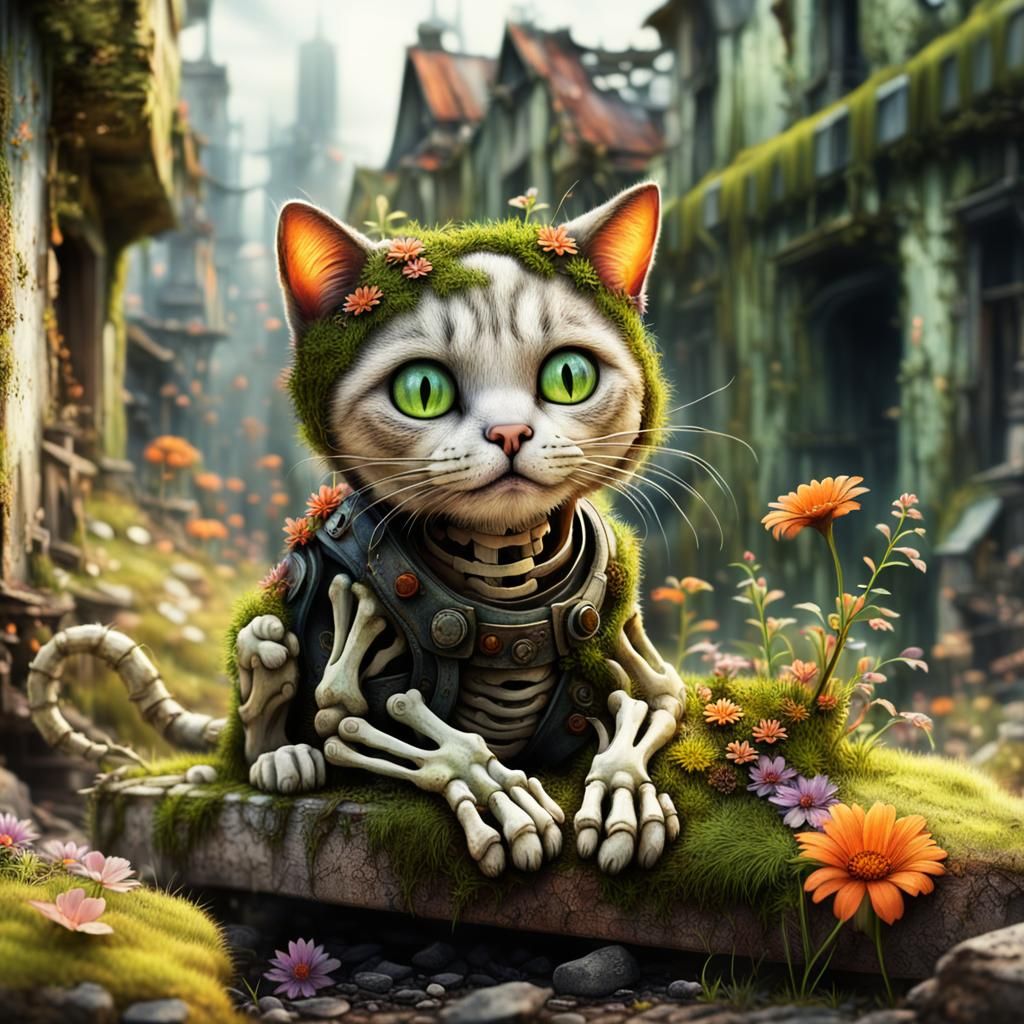 Happy Cat in Post-Apocalyptic City Ruins