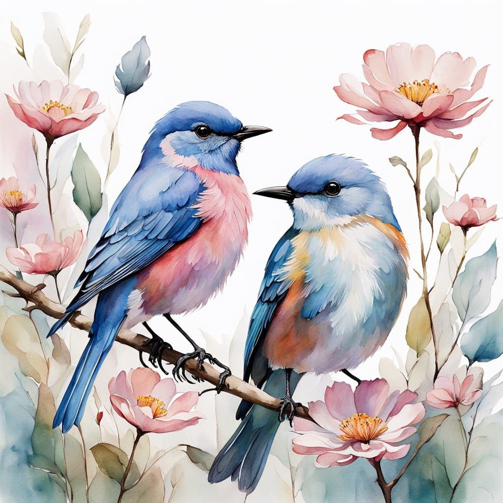 Surreal Watercolor Flower and Bird in Dreamy Nostalgia Art
