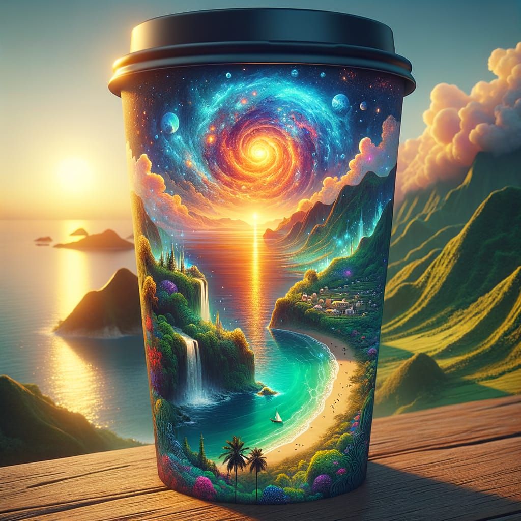 Surreal Seaside Sunrise Coffee Cup Masterpiece in Fantasy Ar...
