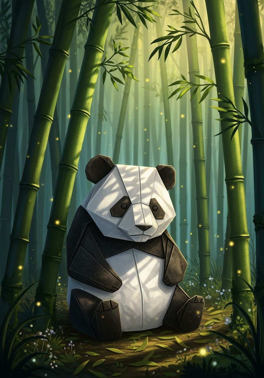 Origami Panda in Bamboo Forest with Fireflies