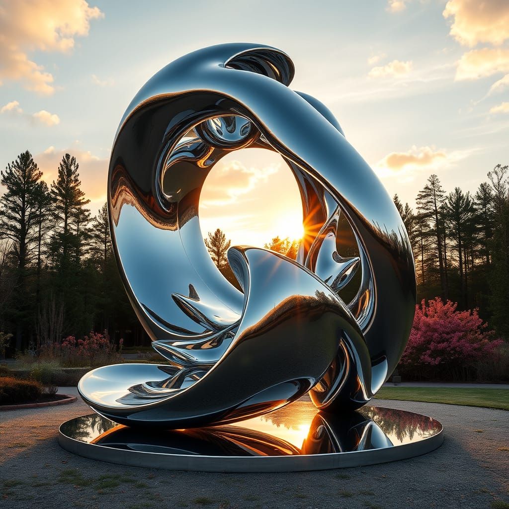 Ethereal Chrome Sculpture Reflects Nature in Radiant Sunrise