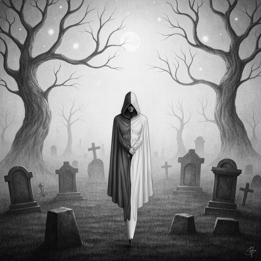 Surrealist Figure Morphing in Foggy Victorian Graveyard