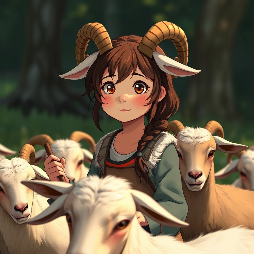 Shepherdess Faun Girl Herding Goats: Studio Ghibli Style