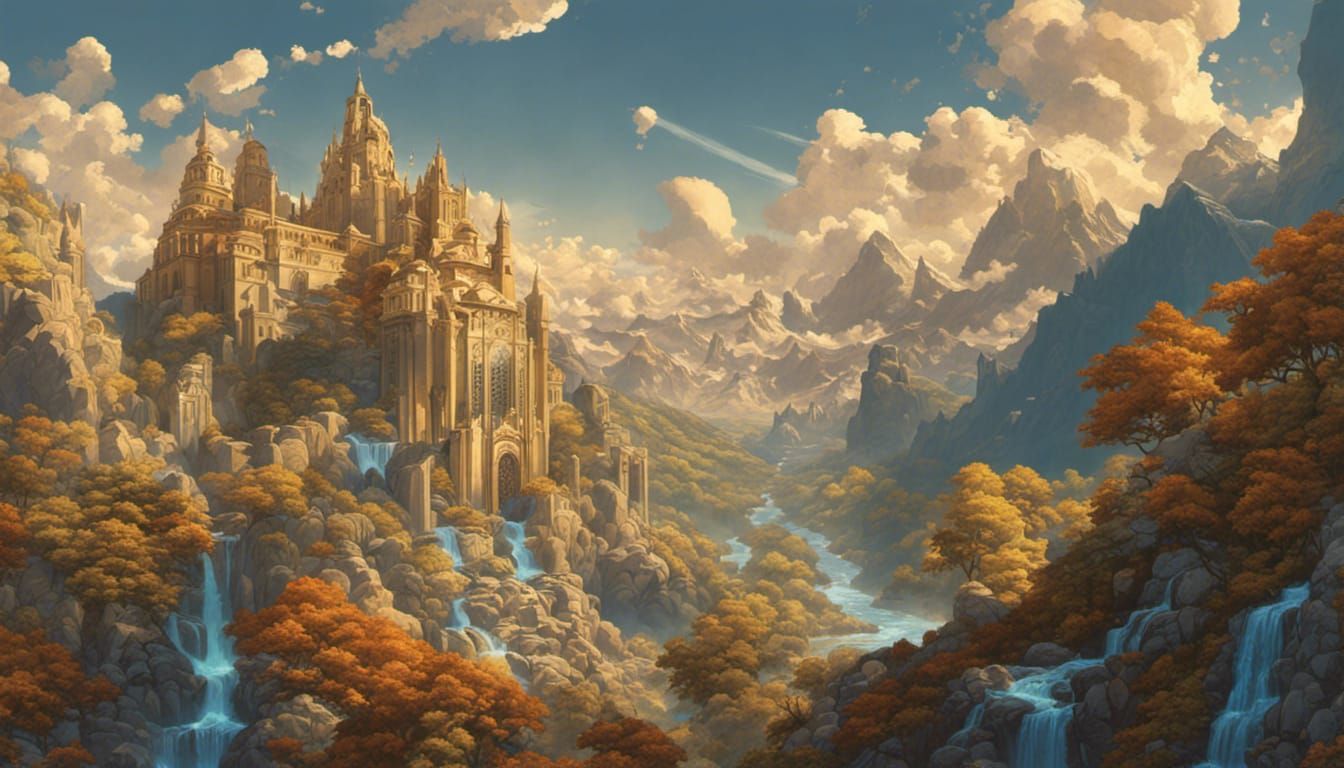 Art Deco Citadel in Waterfall Fantasy Landscape