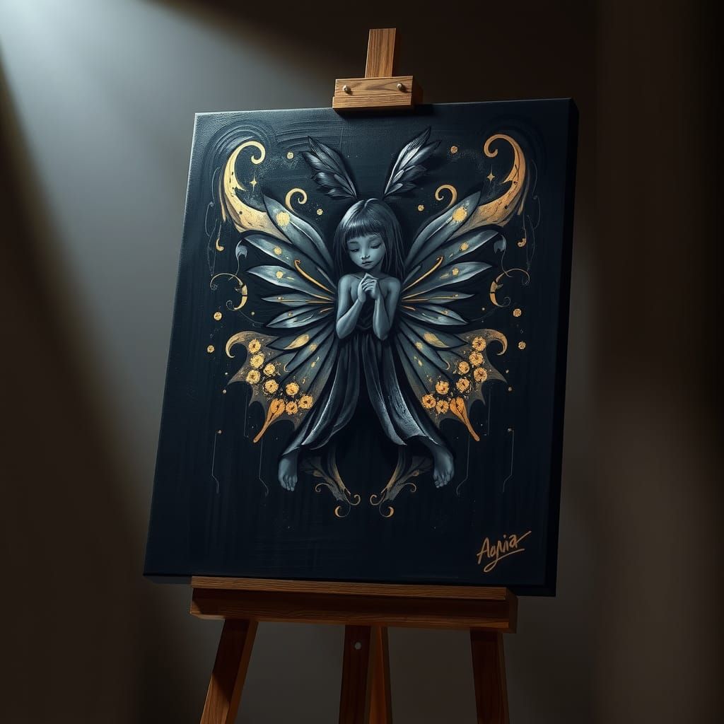 Gothic Fairy Girl Painting with Golden Highlights