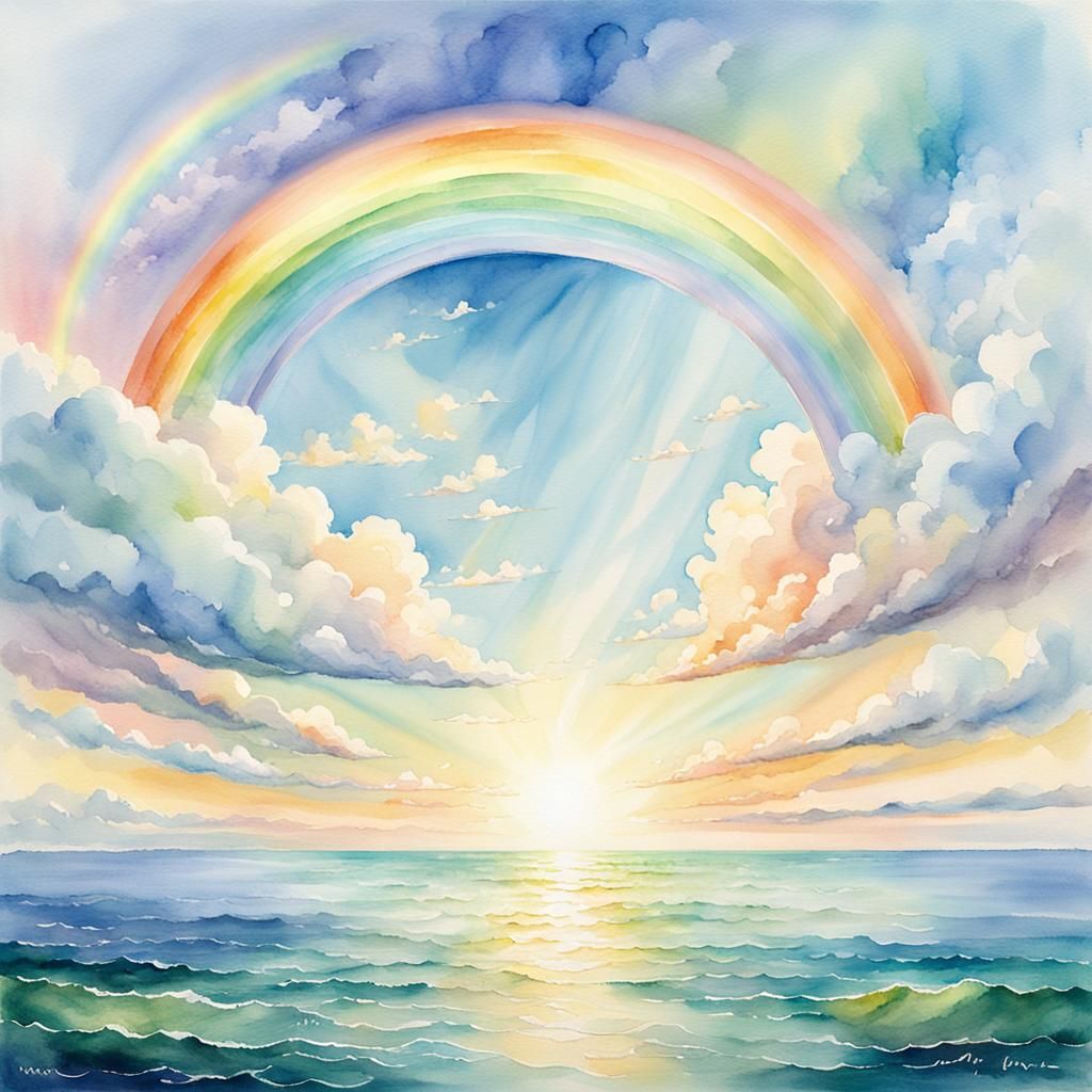 Majestic Rainbow Arcs Over Serene Sea: Watercolor Painting
