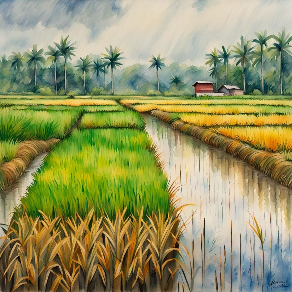 Lush Rice Field in Rainy Season, Watercolor Style