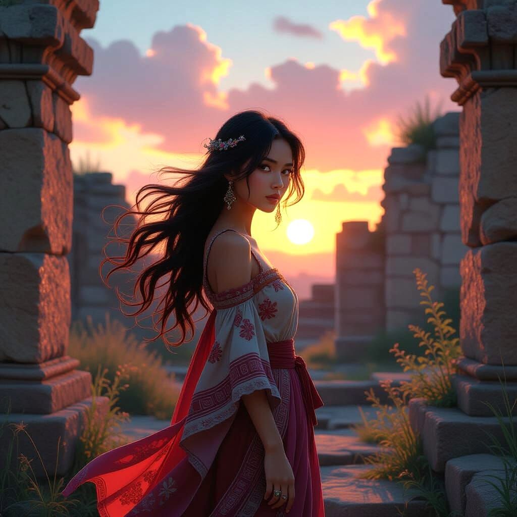 Filipina Woman in Bohemian Cyberpunk Ruins at Sunset