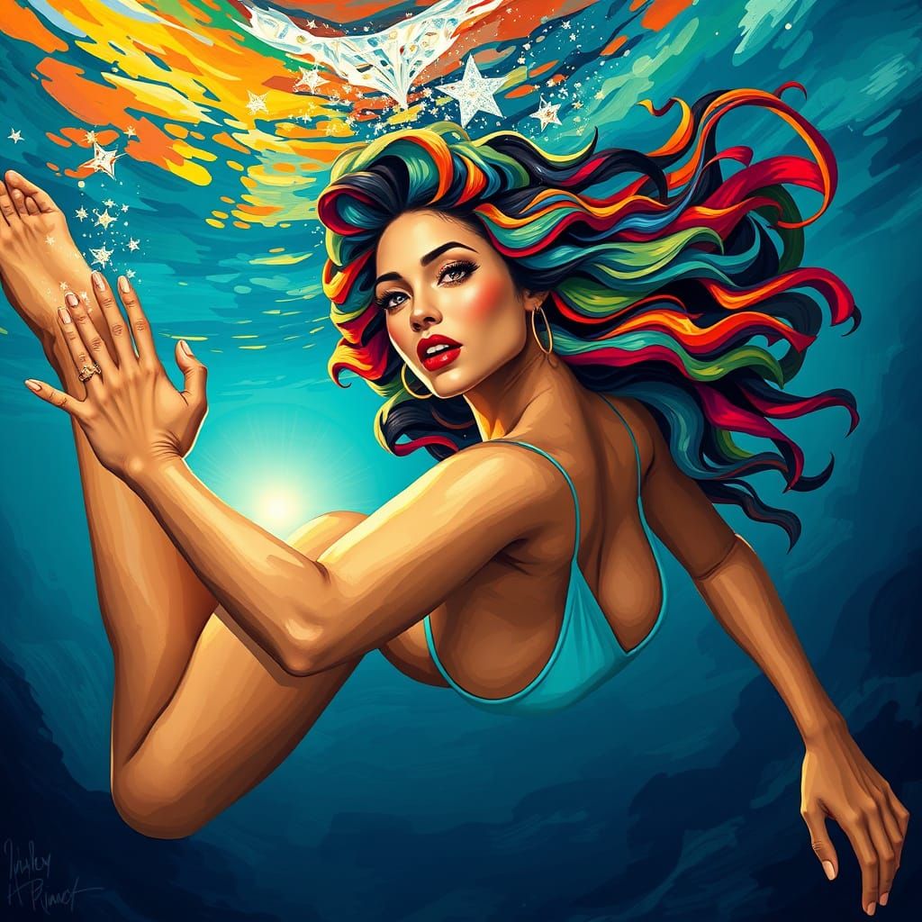 Rainbow-Haired Woman Diving into Underwater Sunset in Fauvis...