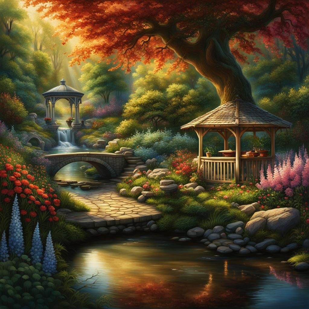 Sunlit Garden with Gazebo: Fantasy Concept Art