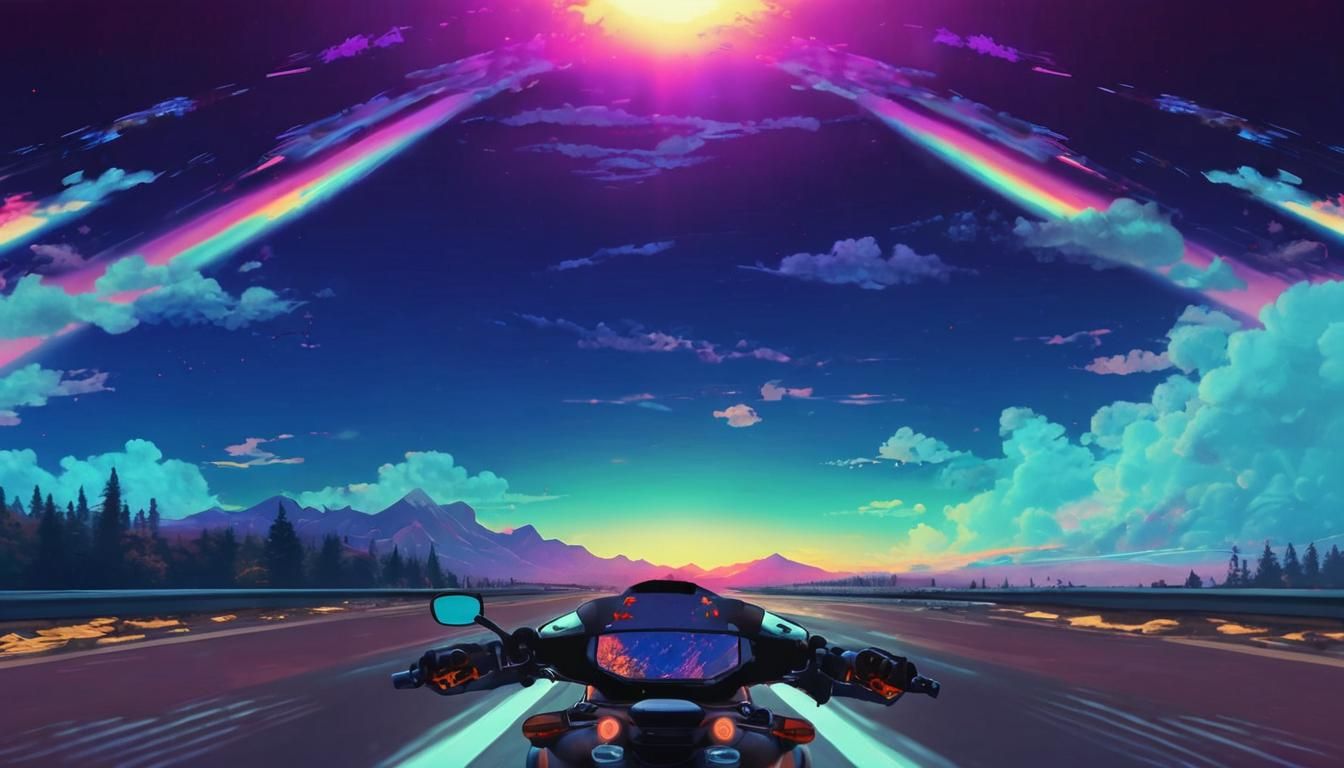 Neon Sport Bike Rides into Vaporwave Sunset