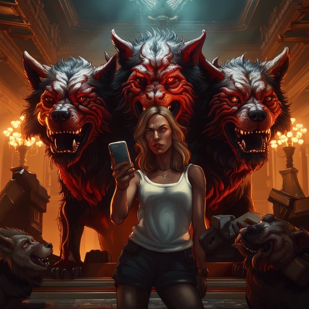 Woman's Selfie with Cerberus in Art Nouveau Style