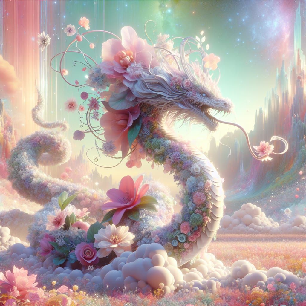 Floral Snake Dragon in Dreamlike Pastel Landscape