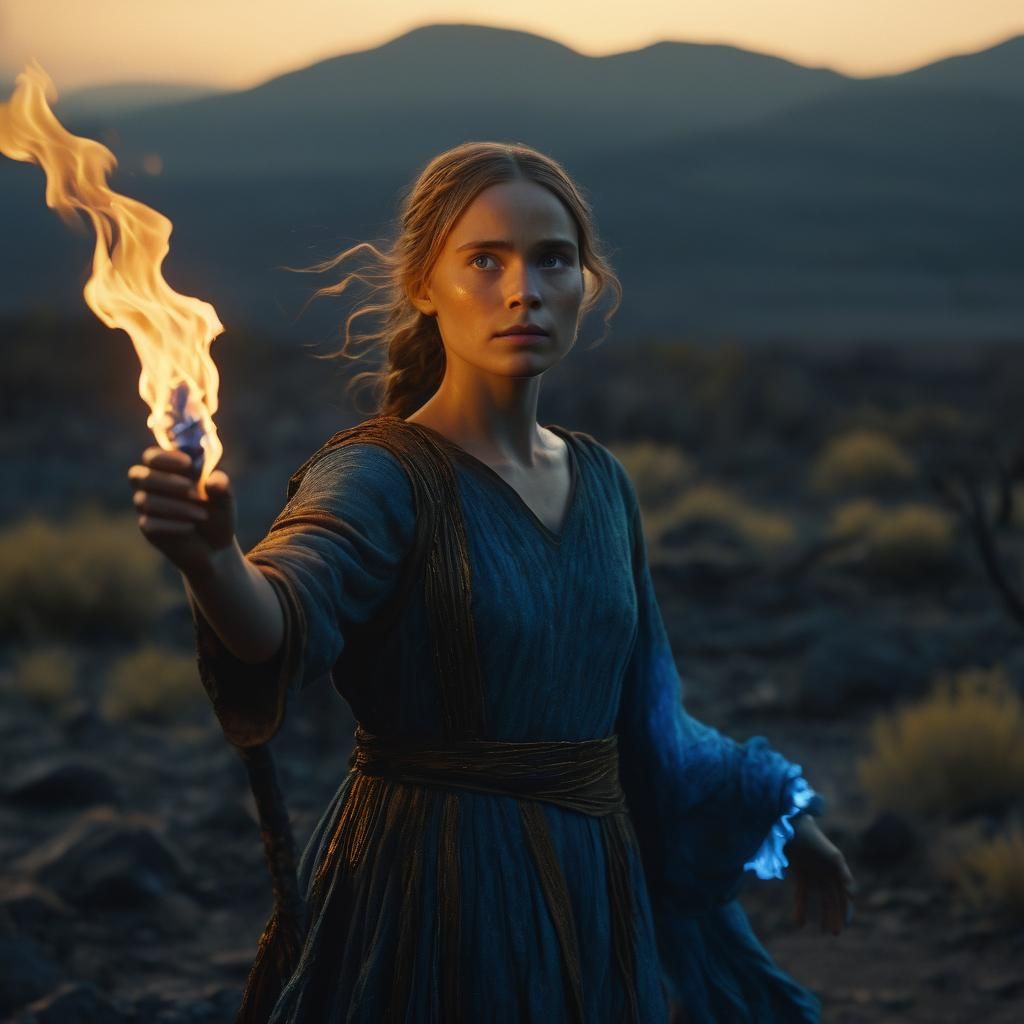 Heroic Figure Guides with Flame in Golden Light