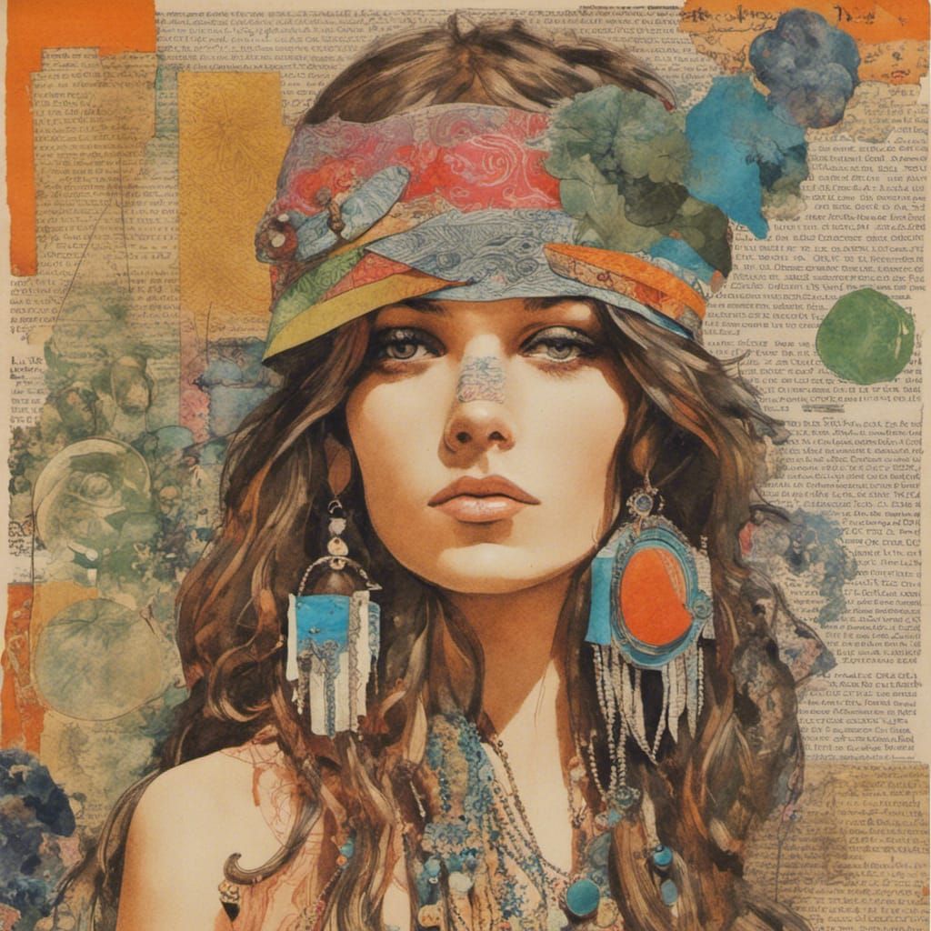 1970s Hippie Fashion Collage with Textured Layers