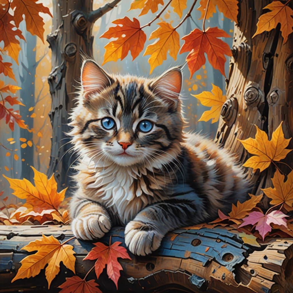 Fluffy Kitten in Autumn Tree Trunk Oil Painting