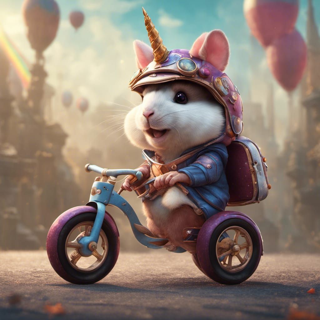 Hamster on Tricycle with Unicorn Helmet