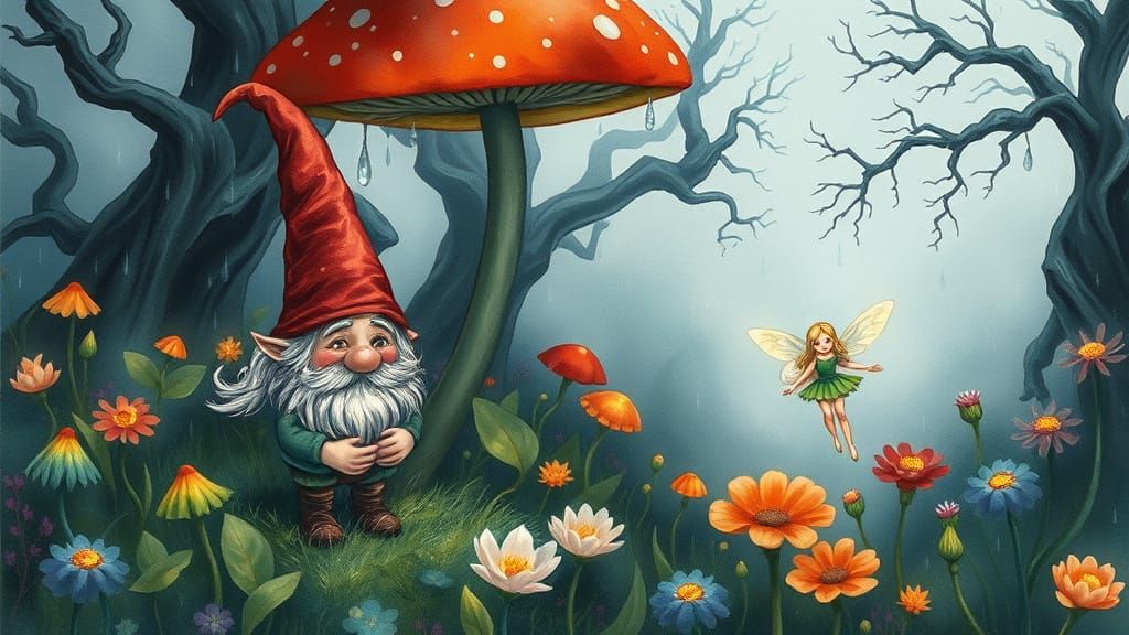 Enchanted Gnome Tends Twilight Meadow