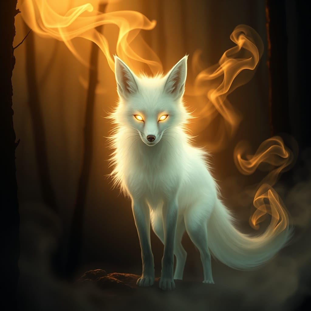 an artistic illustration of haunting beauty. smoke billowing in the wind forming a silhouette of a japanese fox. a myste...