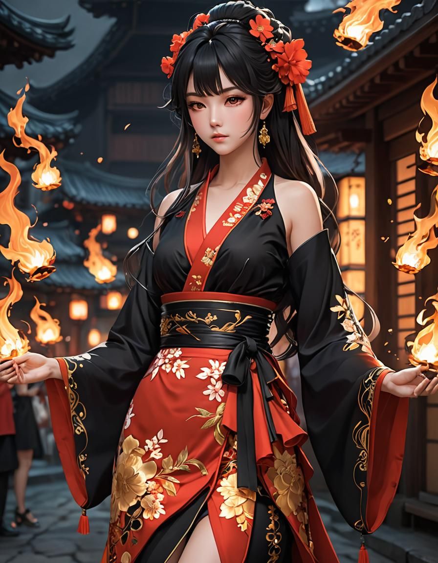 Fiery Kimono Dress in Anime Style