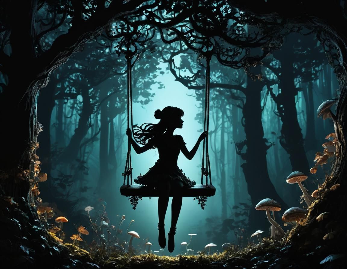 Fairy on Swing in Mushroom Forest Silhouette Art