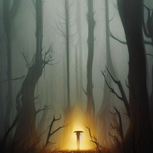 Alien Funeral in Foggy Forest: Sinister Fantasy Art